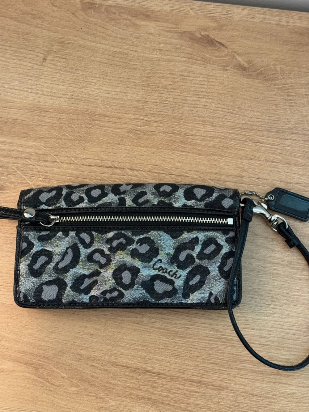 Coach Metallic Leopard Print Wristlet in Gray and Black